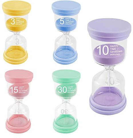 HASLED 5 Sabliers Enfants Colorés - Minuteur 3/5/10/15/30 Min pour Brossage de Dents, Cuisine, Étude | Cadeau Éducatif