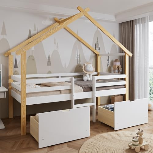 Wooden House Bed with 2 Large Drawers & Slatted Frame, Solid Pine Wood Cabin Bed Frame, 3ft Single Tree House Canopy Beds Children's Storage Beds With Ladder and Guard Rail, 190x90 cm, White+Natural