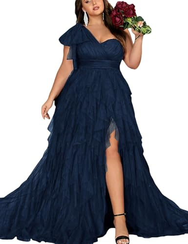 Women's Plus Size Wedding Guest Long Dress One Shoulder Summer Maxi Elegant Evening Party Cocktail Gown for Bridesmaid Prom Navy Blue 3XL
