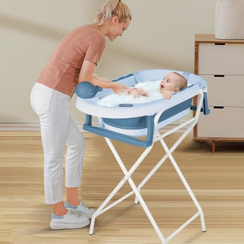 Faltbare Babybadewanne mit Gestell, Thermometer, Badekissen und Badekappe, Baby Badewanne mit Ablaufsystem, PP und TPE Material (Blau, 55x40x90 cm)