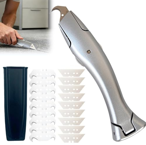 Cuchillo de Corte de Suelo, Cuchillo para Alfombras, Cuters Profesionales de Seguridad con 10 cuchillas trapezoidales y 10 cuchillas de gancho para Cortar Revestimientos de Suelo de PVC