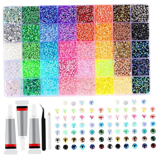 32000 stycken imitationdiamanter av harts för bländning, flerfärgade ädelstenar med platt baksida för diamantkonst, Bedazzler-kit med 3 stycken smyckelim på 0,3 fl oz
