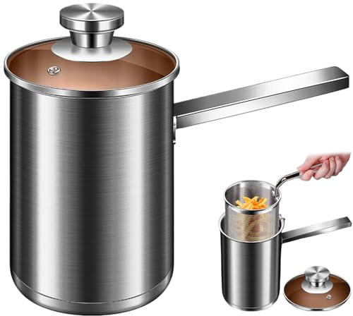 Odoukey 3 st 19,6 cm 2 L japansk stekpanna i rostfritt stål, friteringskruka med droppdräneringsställ glaslock, lätt att rengöra för Tempura, kyckling, fisk, räkor