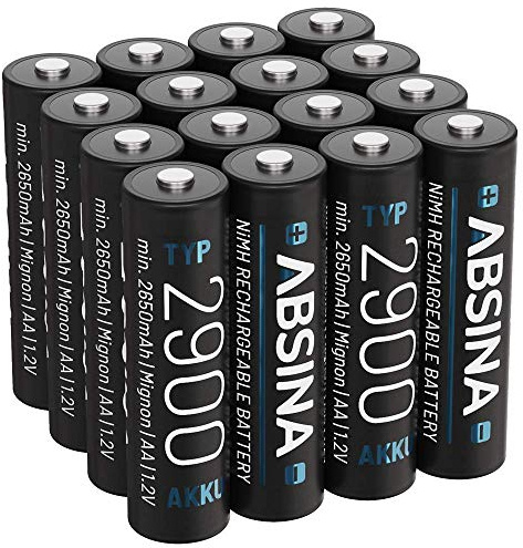 ABSINA Akku AA wiederaufladbar 2900 16er Pack - NiMH AA Akku mit 1,2V & min. 2650mAh - Aufladbare Batterien AA für Geräte mit hohem Stromverbrauch - Akkus AA für Blitzgerät, Wii & Xbox Controller