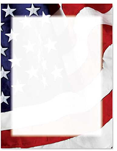 Grand Ol' Flag Patriotic Letter Papers - Set of 25, American Flag stationery papers, 8 1/2 x 11, compatible computer paper, Patriotic Letterhead, 4th of July flyers, Veterans Day, Memorial Day