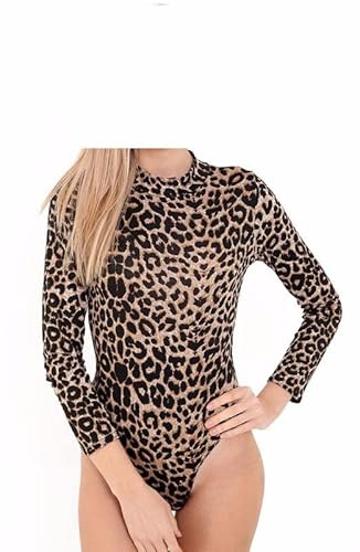 BODYWEAR LTD Body da donna a maniche lunghe elasticizzato stampato con collo alto, Marrone leopardato., S-M