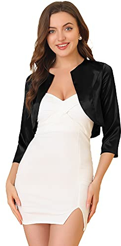 Allegra K Women's Satin Cardigan Elegant 3/4 Sleeve Solid Bolero Shrug Tops Large Black