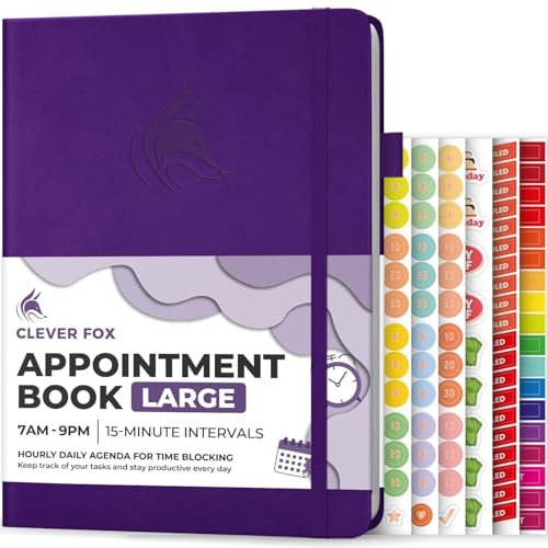 Clever Fox Appointment Book – Hourly Schedule Planner with 15-Minute Increments – Time Box Planner for Daily Work & To-Dos – Weekly & Monthly Spreads, Undated, Hardcover, 8.3x11″ (Purple)