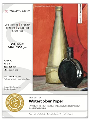 100% Baumwoll-Aquarellpapier 300 gsm - 9x12 in (22,9 x 30,5 cm) 20 Blatt Kaltpressung säurefrei Naturpapier, 2-seitig gebunden, feine Körnung - für Aquarell, Gouache, Tusche, Mischtechniken von ZenART