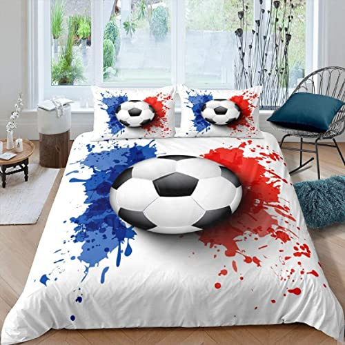 XCWDC Housse de Couette 140x200, Ballon de Foot Blanc Thème Parure de Lit 1 Personnes 3D Imprimée Microfibre + 2 taies d'oreiller 65x65 cm pour Adulte Ado, avec Fermeture éclair