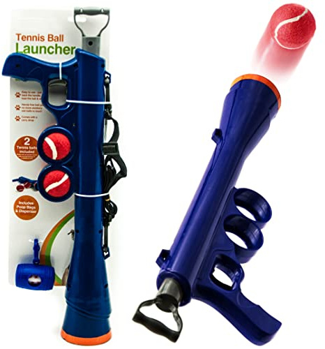 Petopedia 60cm Long Dog Ball Launcher with 2 TENNIS BALLS, Strap & Poo Picker Bags Dispenser for Large Dogs Strong Grip Pick Up Throw (Blue)