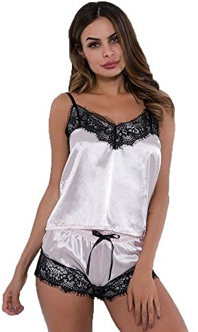 KOEMCY Conjunto de Pijama Mujer Tirantes Encaje Satén Elegante Pijamas Sexy Corto Camisola con Shorts Ropa de Dormir Suave Cómodo para Verano Primavera Otoño