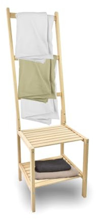 Sedia Portasciugamani In Legno Faggio, 40x40.5x133h cm, Appendi Asciugamani da Bagno e Camera da Letto, Omino Servomuto, Made in Italy