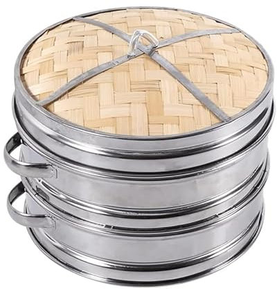 ANSNOW Vaporera de Bambú con Acero Inoxidable, Vaporera de 2 Nicon Tapa, Cesta de Vapor de Bambú, Cocina de Arroz Natural Chino, Cocina de Alimentos para Cocinar Bollos Dim Sum, Albóndigas, Verduras