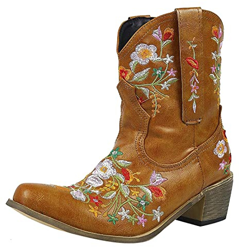 Womens Boots 2024 Clearance, Embroidered Cowboy Boots Winter Bootie for Women Ankle Wide Calf Chelsea Riding Wellies Square Toe Heel Booties Rubber Booties Ladies Waterproof Western Walking Boots