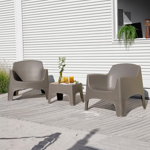Tomaino - Salotto Da Giardino Ibiza- Set Da Giardino Esterno 2 Poltrone Impilabili Con Braccioli e Tavolino In Plastica - Salottino da Esterno Tortora