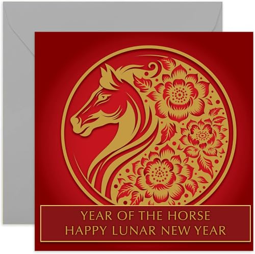 Stylish Happy Lunar New Year Card for Family and Friends - Year of The Horse Happy New Year Gift - Chinese Zodiac Animal Greeting Card - Gold Foil Red 2026