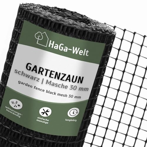 HaGa Valla de jardín de plástico – 1,2 m de altura | 15 m de longitud | negro | malla de 30 mm – Valla de plástico estable para jardín – Uso como valla para perros, valla de pollos, enrejado