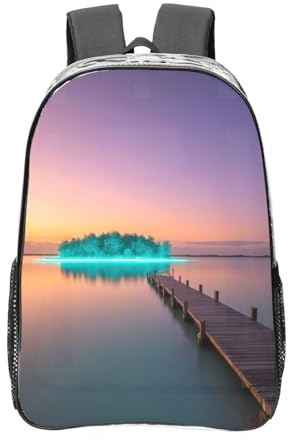 Mochila transparente de PVC resistente, bolsa transparente grande para viajes, trabajo, conciertos, estampado luminoso de laguna de 16 pulgadas