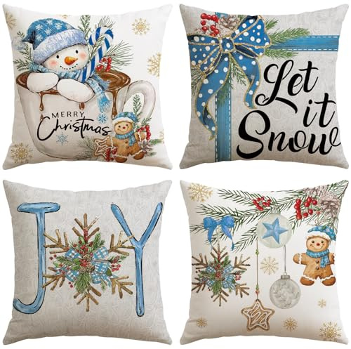 Artscope Uppsättning av 4 blå julkuddöverdrag 50 x 50 cm vinter jul dekorativt kuddöverdrag för soffa vardagsrum semesterdekor (blå - snögubbe och pepparkaksmann)