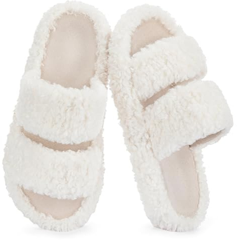 RockDove Women’s Open Toe Slippers with Arch Support, Memory Foam House Slippers, Soft Fuzzy Indoor Outdoor Slippers for All-Day Comfort, Size 7/8 UK Women, Natural
