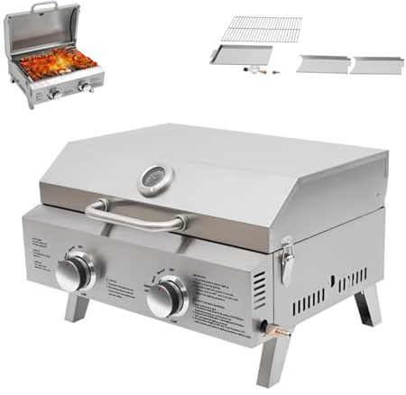 Barbacoa de mesa a gas, parrilla gastronómica de acero inoxidable con 2 quemadores, parrilla plegable para exteriores de 55,8×45×38 cm, encendido piezoeléctrico, parrilla de mesa portátil con tapa