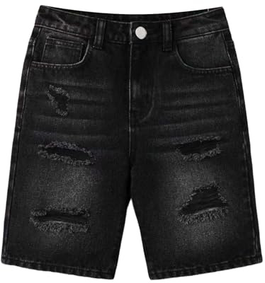 Short Jean déchiré garçon Style Y2K Coupe Droite détendue, équipé de Poches fonctionnelles, vêtement Sportif et décontracté pour Les activités des Enfants en Saison Chaude(Black, 9-10 Years)
