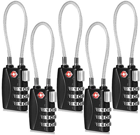 CFMOUR Serrures TSA - 1, 2, 3, 4, 5, 6 Pack Cadenas de sécurité à combinaison de câble de voyage à 3 cadrans pour valise à bagages Sac Code Lock - Noir (Lot de 5)