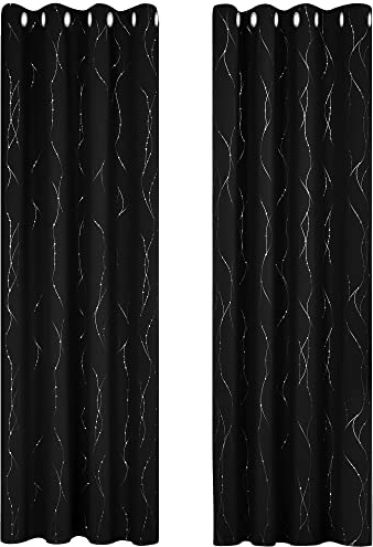 Deconovo Cortinas de Salon Modernas Aislante Térmico Funcional Estilo Moderno Diseño Hilos Plateado con Ojales 2 Paneles 140 x 260 cm Negro