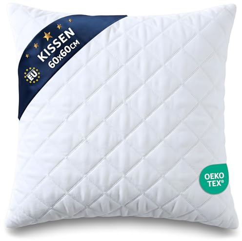 Cuscino Letto 60x60 cm – Cuscini per Divano Arredo e Decorazione in Microfibra Morbida – Guanciale per Dormire Certificato OEKO-TEX Lavabile a 60 Gradi Traspirante Indeformabile Bianco 60 x 60 cm