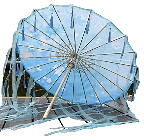 KLgeri Silk Umbrella Fairy Ancient Style Umbrella Hanfu Long Tassel Umbrella Classical Costume Craft Umbrella Chinese Style Ancient Painting Umbrella Japanese Cosplay Umbrella (Blue flower long tassel)
