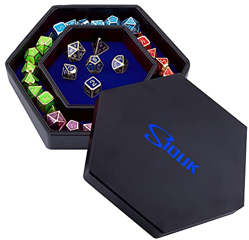 SIQUK Dice Tray with Lid Hexagon Dice Rolling Tray Dice Holder for Dice Games Like RPG, DND and Other Table Games, Blue