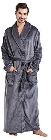 FashGudim Mens Robes Big and Tall Full Length Plush Fleece Long Robe for Men Bathrobe Shawl Collar Warm Winter House Robes (Grey,XXXL)