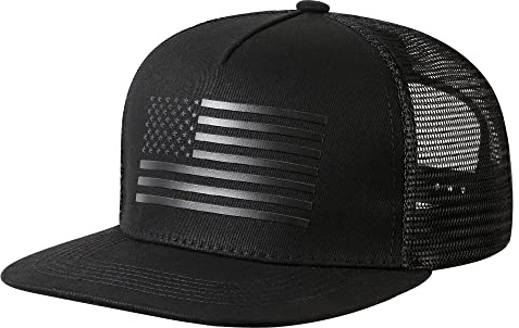 UALON Baseball Cap, Snapback Trucker Hat for Men & Women with American Flag and Adjustable, Breathable Mesh, Flat Bill Hats Black/Black