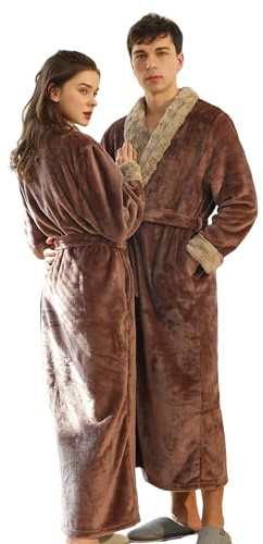 BERDITH Peignoir long et moelleux en polaire pour femme, Grandes tailles, Ensemble de peignoir unisexe pour couples, Robe de chambre pour homme et femme avec longue ceinture, marron, XL
