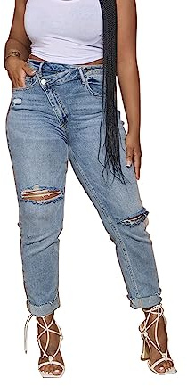 HTD Women's Boyfriend Jeans Ripped Skinny Jeans Distressed Stretchy Denim Pants Light Blue L