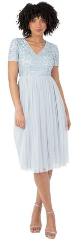 Maya Deluxe Maya Deluxe Robe de Soirée Midi Ornée D'un Col en V À Manches Courtes pour Bal de Fin D'année, Mariage, Vestido de Dama de Honor Mujer, Bleu Clair,