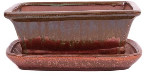 Bonsai - Schale eckig 21.5 x 16.5 x 8.7 cm, grünbraun/Kupfer, mit Untersetzer 23201