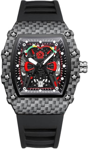 RORIOS Mode för herrmode tonneau sport analog kvarts äkta läder datum kalender Uhren med silikonarmband för män, Svart, L