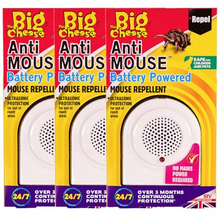 The Big Cheese Battery Powered Mouse Repellent - 3 Pack - Ultrasonic Pest Repeller, Mouse & Rat Deterrent, Perfect for Indoor Plug-Free Zones - Non-Rodent Pet Safe - 3 x AA Batteries, Not Incl.