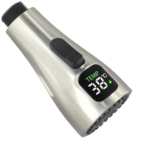 Zilimontt Ugello di ricambio per rubinetto, testa per rubinetto da cucina con display digitale a LED della temperatura, doccetta estraibile per miscelatori da cucina e bagno (spazzolato)