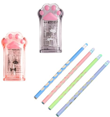 DHWEKU 2 Stück Anspitzer Bleistift, Doppelanspitzer mit Behälter Deckel Spitzer Metall Bunt Manueller Bleistiftspitzer für Schule Büro(Katzenpfotenform)