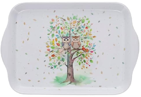 Mini vassoio per piante e animali, motivo albero che ospita una coppia di gufi, melamina di qualità, dimensioni mini 14 x 21 cm