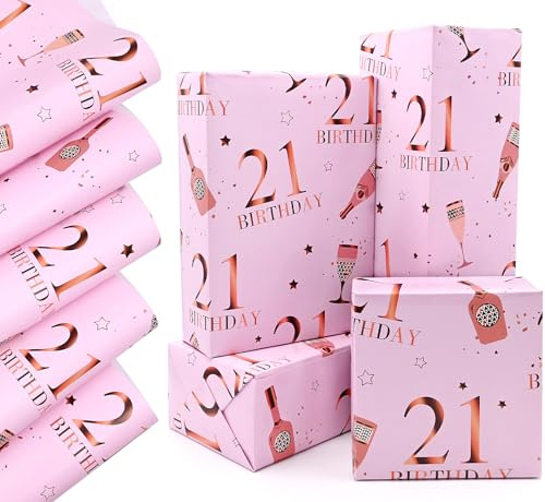 QRTDXP Pink 21st Gift Wrapping Paper Sheets,5pcs 50 * 70cm Large 21st Birthday Paper, Pink Eco-friendly Gift Wrap Perfect for Wrapping Present or Flower for Girls Woman