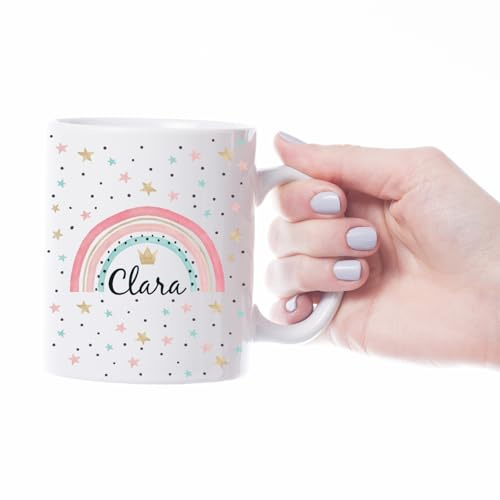 Kembilove Taza personalizada con nombre - diseño arcoíris infantil - regalo original para niños y niñas - uso diario en casa colegio o guardería - Taza Plástico 350ml