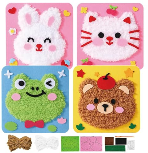 4PCS Cross Stitch Kits for Kids, Cartoon Animal DIY Embroidery Doll Set, Embroidery Kit for Kids, Embroidery Doll Craft Kit for Kid with Yarn, Needles, Fabrics for Beginners & Children Aged 4-12