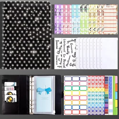 Carpeta de ahorro de dinero, libro de desafíos de ahorro, mini carpeta de presupuesto, cubierta con patrón de piedra lluviosa, cuaderno de 6 anillas (blanco)