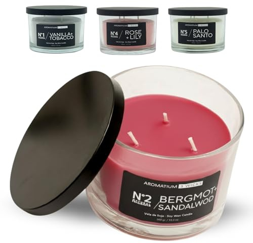 Vela aromática de soja natural Bergamot + Sandalwood 300g | 3 mechas | Vela decorativa con tapa metálica negra | Vela perfumada fresca y amaderada | Duración 35h | AROMATIUM