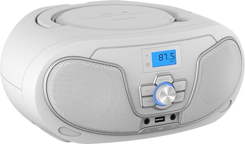 Philips CD Player Boombox, Dynamic Bass Boost with Bluetooth, FM Radio, USB Playback & AUX Input, Portable Top-Loading Boombox, Clear Stereo, RW/MP3 Compatible (White)