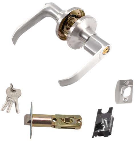 Vexilon Bedroom Door Handle with Lock, Durable Silver Set Door Handles with Keys, Secure Three Bar Lever Set for Smooth Operation Zinc Alloy Door Knobs for Bathroom Bedroom Office